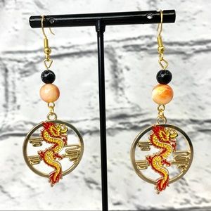 Chinese Dragon Beaded Hanging Disc Earrings